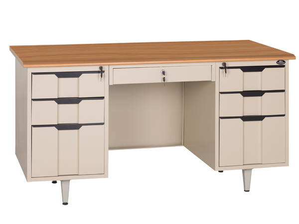 木桌面站腳雙柜辦公桌